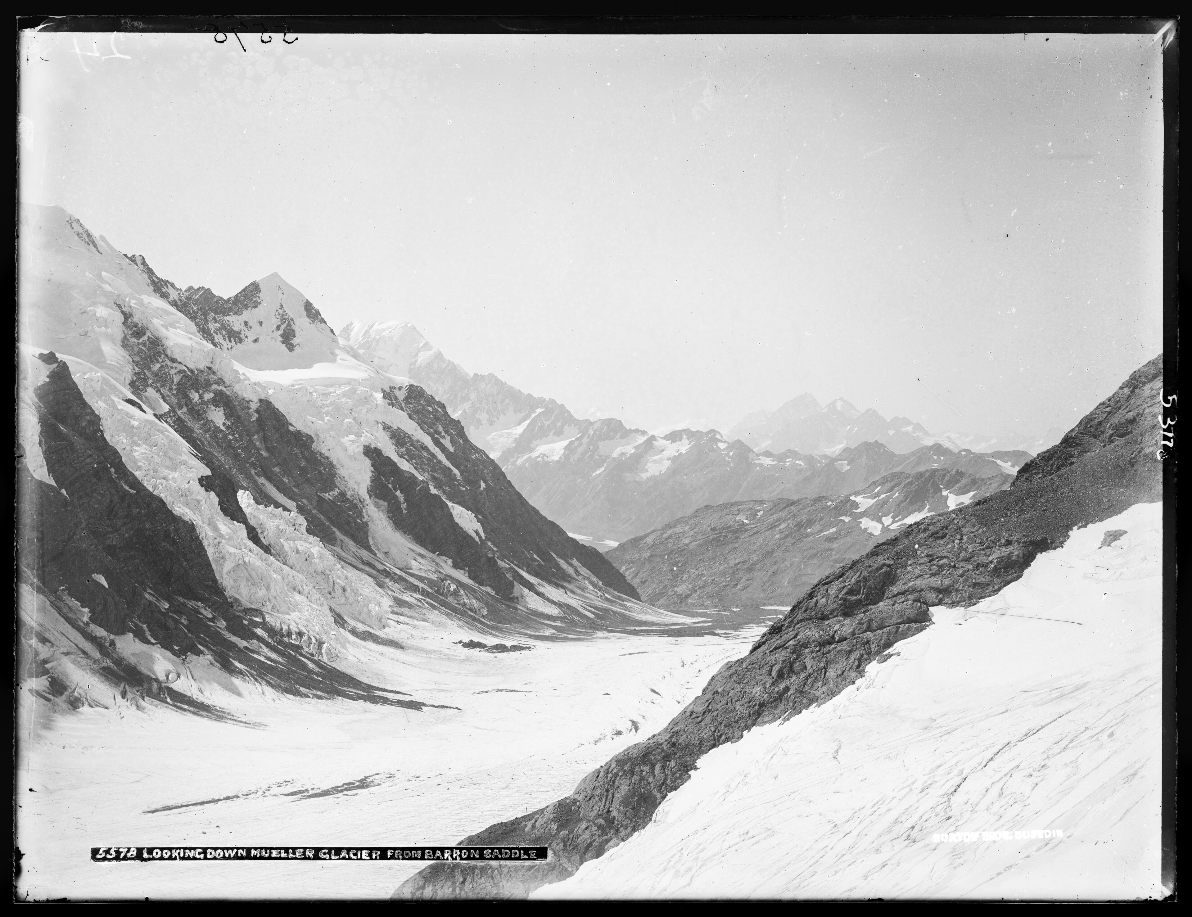 Looking down the Mueller Glacier. Taken from Barron Saddle.
