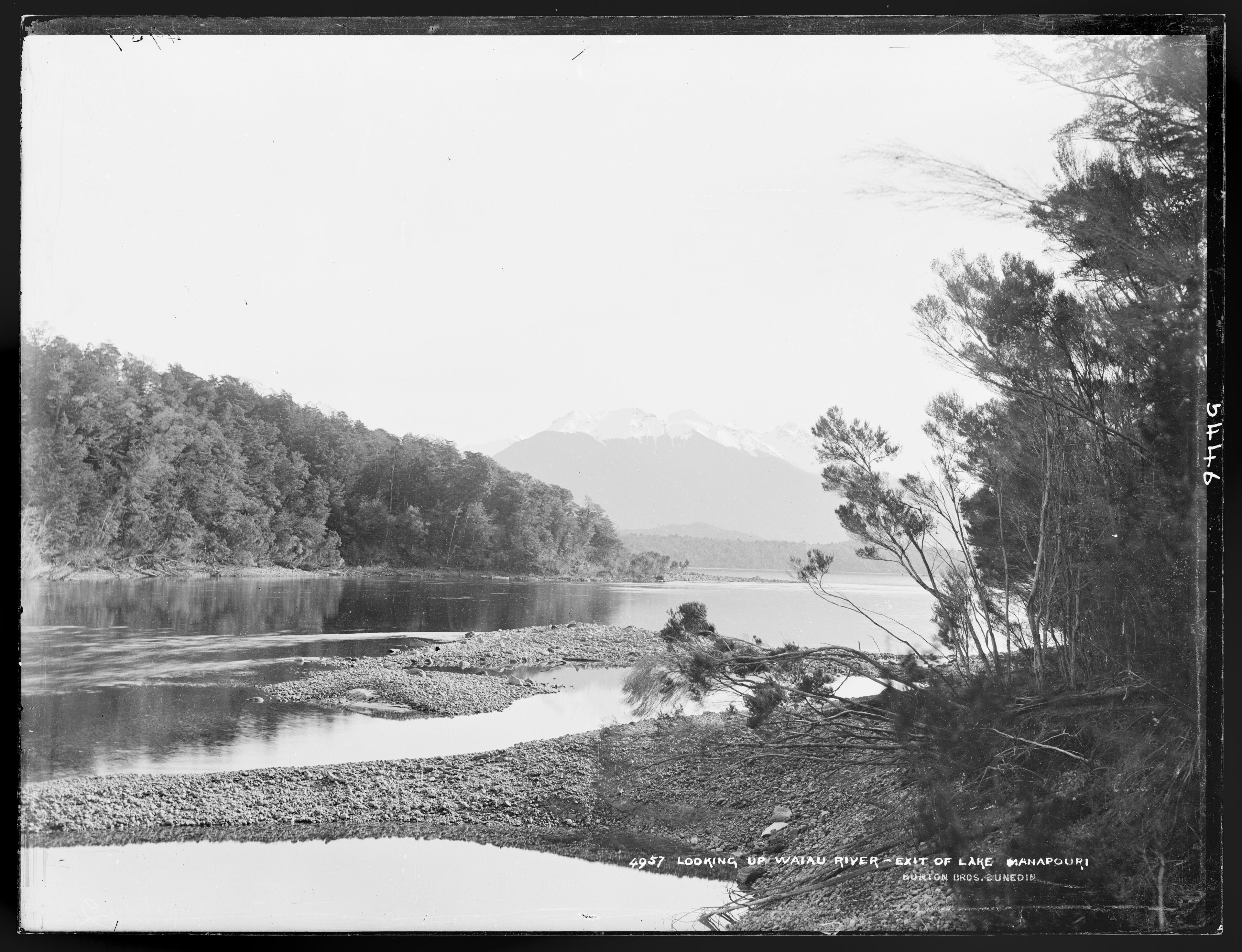 Waiau River exiting Lake Manapouri, looking back up the Lake.