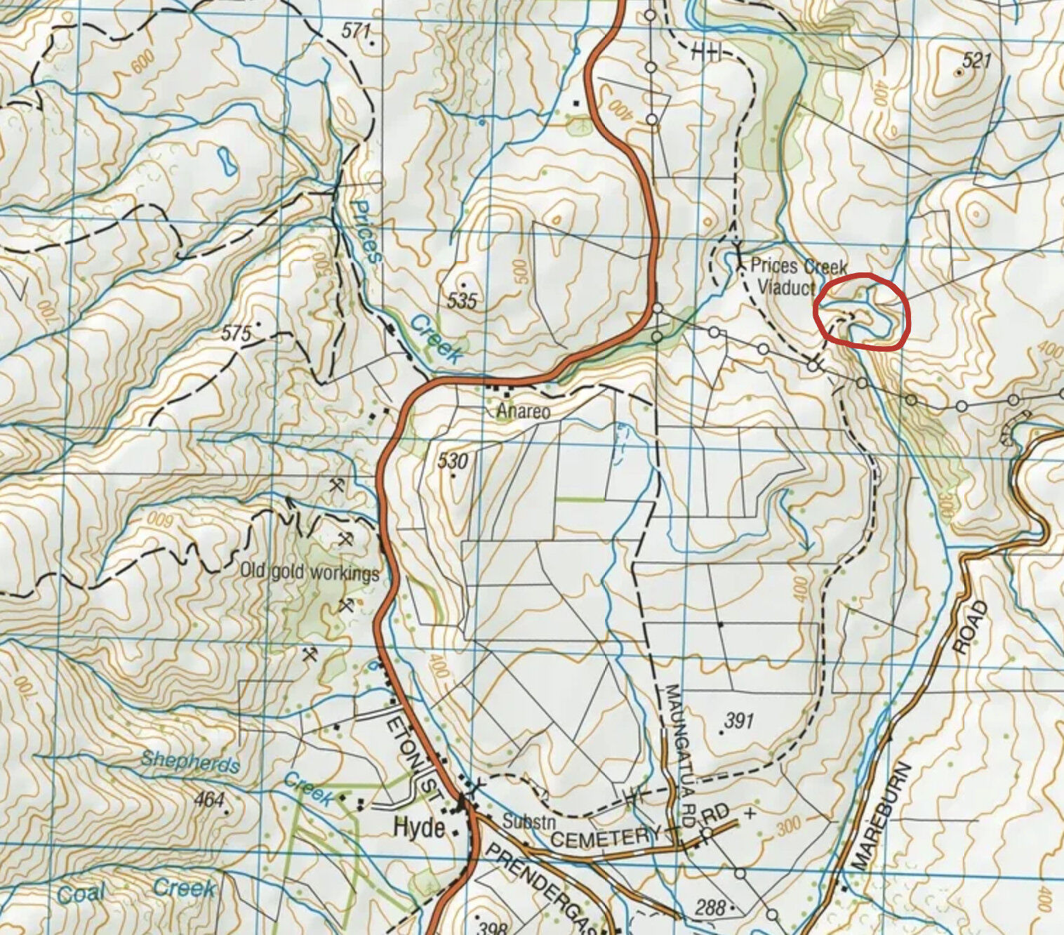 Location of the tunnel circled in red.